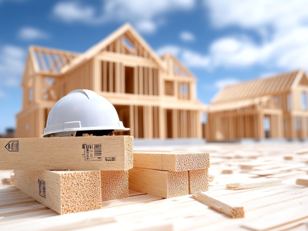 En un sitio de construcción suburbano, se observan estructuras de madera en desarrollo junto a un casco de seguridad y bloques de madera apilados bajo un cielo despejado.